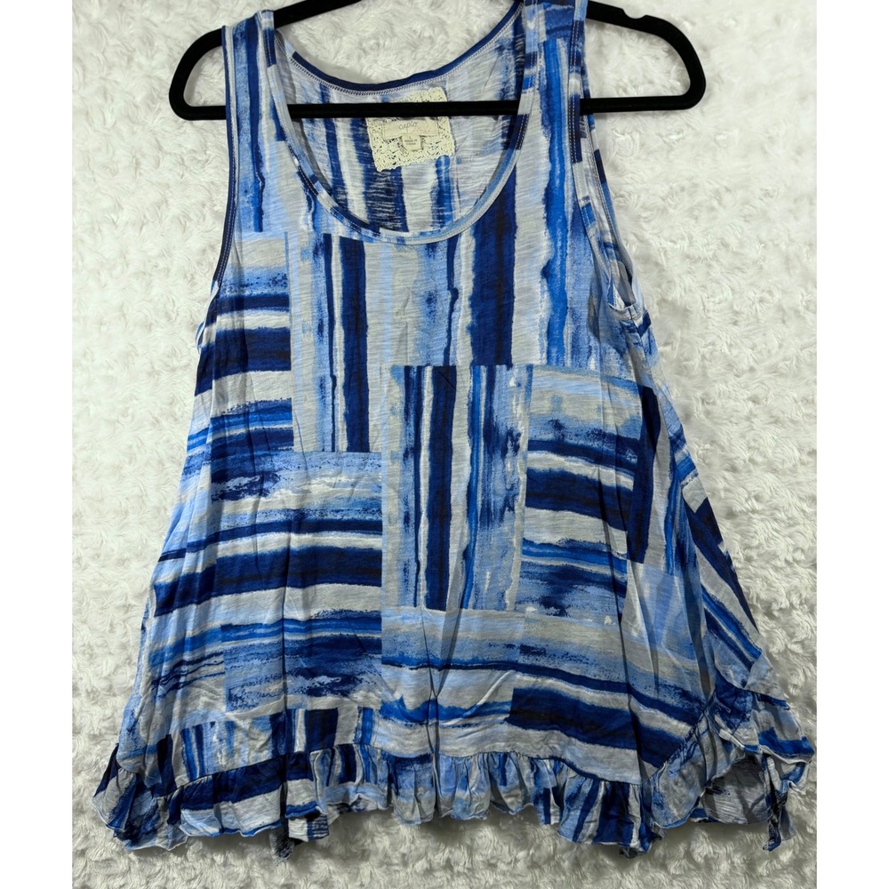 Cupio Blush Womens Size Large Blue Watercolor Abstract Striped Ruffle Tank Top